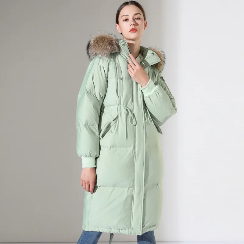Schinteon/новая зимняя теплая куртка с большим натуральным мехом енота, капюшон, толстая длинная верхняя одежда, свободная Повседневная ветровка, пальто более размера