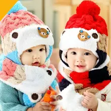 Комплект из 2 предметов, теплая шапка для младенца и шарф, шапка-дымоход, вязаная шапка для мальчиков и девочек, шарф, зимние аксессуары, шапочка, Skullies, яркие цвета, для 0-4 лет