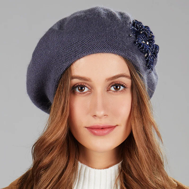 Women Beret Elegant Flower Rhinestones 