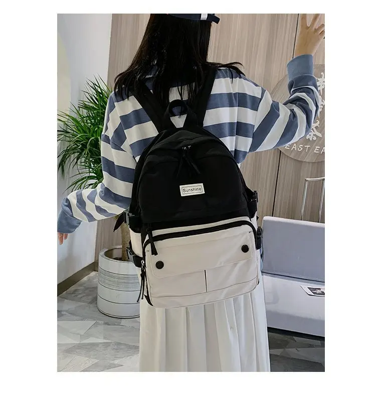 Stitching Contrast Women's Backpack Fashion Harajuku Cute Student Canvas School Bag Kawaii Girl Casual Travel Backpack Female