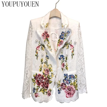 

2019 Autumn Winter Women Jacket Suit Hollow Embroidery Crochet Long Sleeve Slim Coat American Woman Luxury Pearl Elegant Blazers