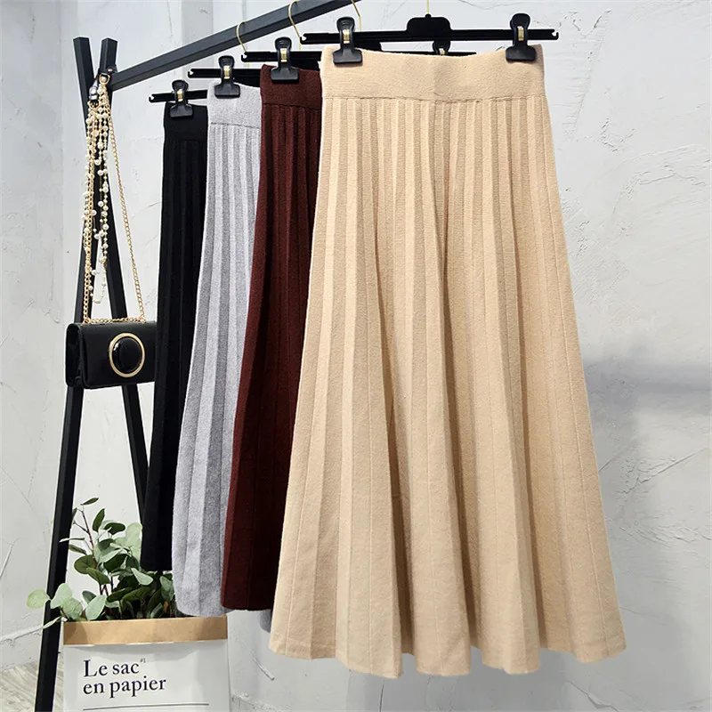 

Autumn Winter Thick Long Knitted Skirt High Waist Cotton Pleated A-line Mid Calf Solid Knit Long Skirts Gray Coffee