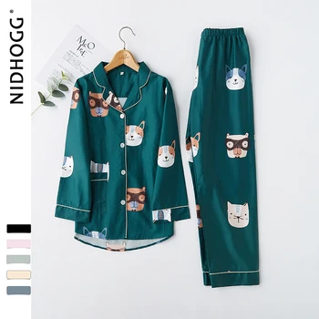 

2019 Spring and Autumn Cotton Long Sleeve Pajamas for Women Cartoon Green Cat and Dog Printing Sleepwear Loungewear Home Clothes
