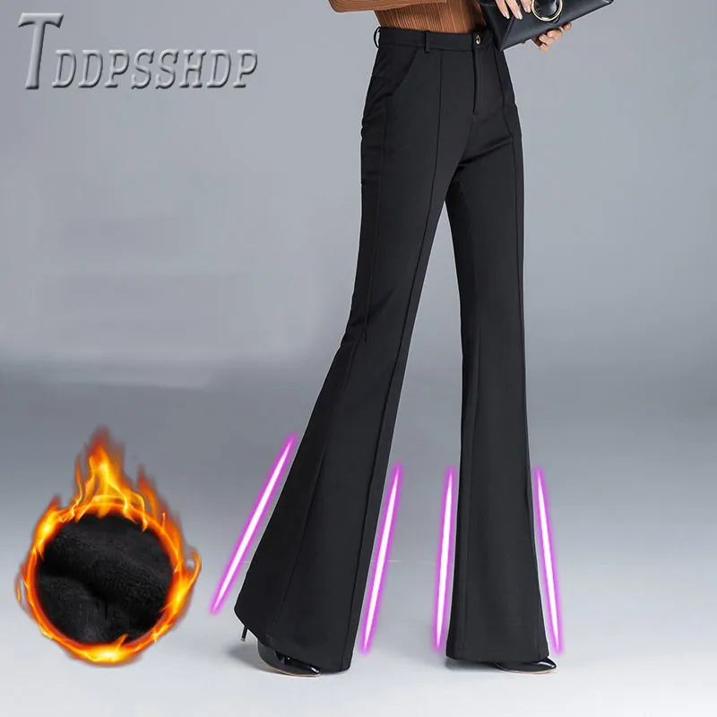 Lining With Fluff Winter Warm Women Pants Casual Black Wide Leg Female Trousers