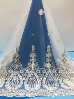 

White Gold 5 Yards African Lace Fabric High Quality Lace Nigerian Lace Fabrics Sequins Embroidery Tulle French Lace For Women Dress