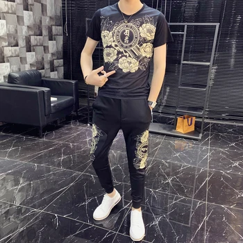 

2020 High Quality Fashion Two Piece Set Men Tracksuit Slim Fit Outfits Men Set Short Sleeve T Shirt 2 Piece Set Top And Pant Men