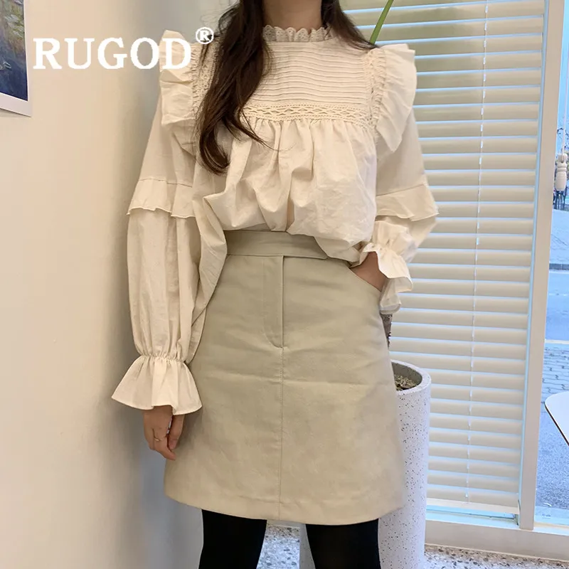 RUGOD, Весенняя плиссированная блузка с оборками, женские блузки с длинным рукавом, элегантный топ, корейская модная одежда, женские рубашки, повседневные, Kawaii
