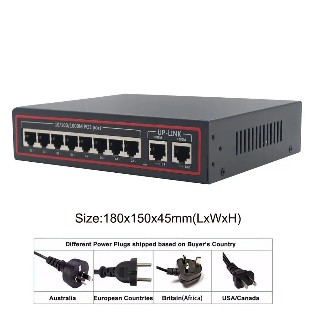 10 Порты и разъёмы Gigbit коммутатор питания через Ethernet коммутатор Мощность Over Ethernet коммутатор 8 1000 м PoE Порты и разъёмы с 2 Gigbit Uplink 96W для сети IP камеры