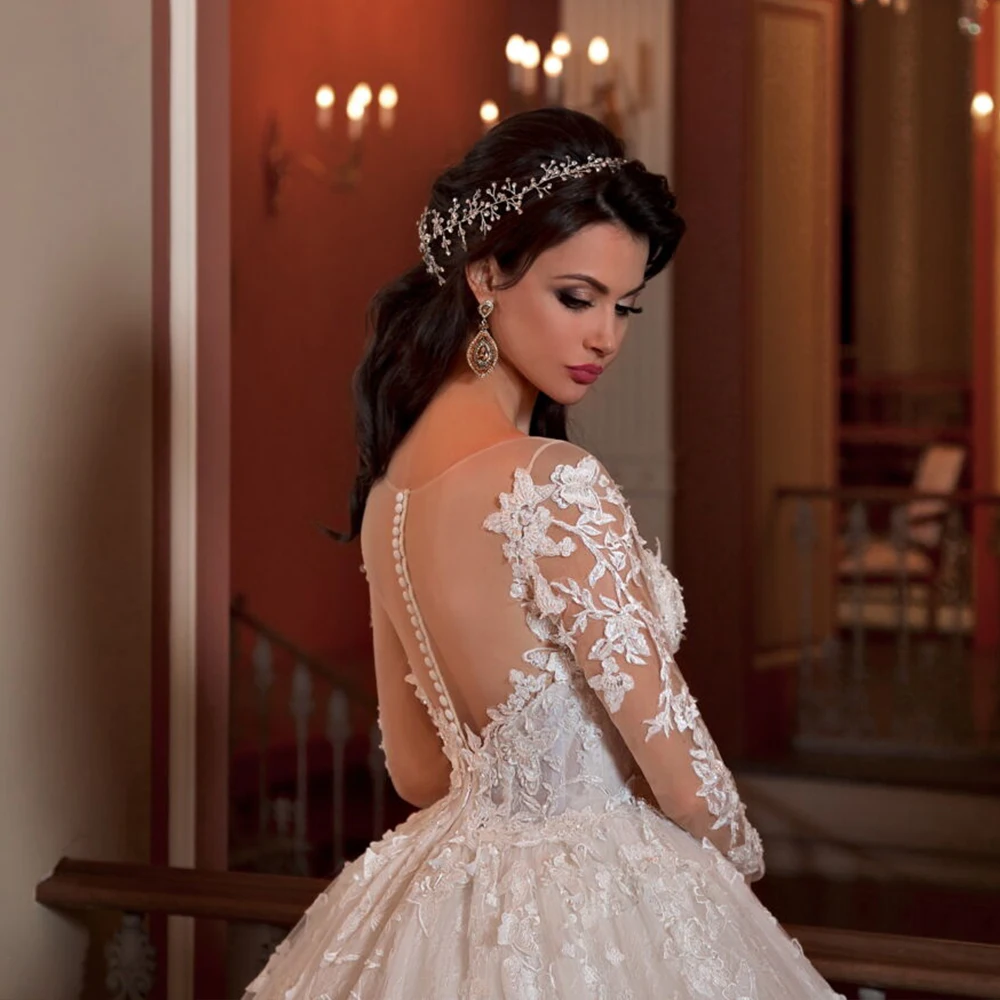 Великолепное бальное платье, свадебное платье, Vestidos Novias Boda, с длинным рукавом, расшитое бисером и блестками, с аппликацией, кружевное, на пуговицах, свадебные платья