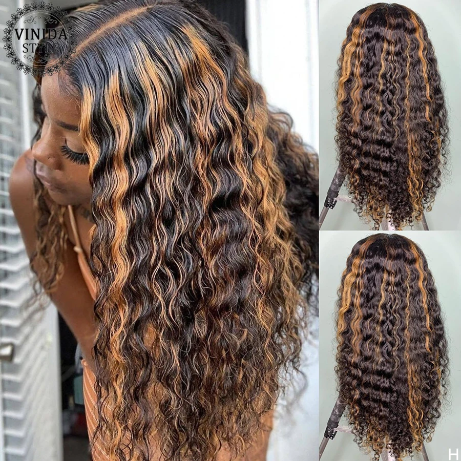 VINIDA STYLE Highlight Curly 150% Density T-part Lace Front Human Hair Wigs Scalp Top Closure With Baby Non-Remy | Шиньоны и парики
