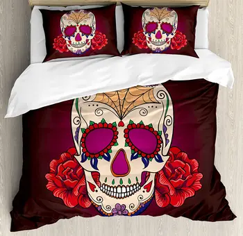

Day Of The Dead Duvet Cover Set Dia de Los Muertos Quote Spanish Skull Dead Head Skeleton Vivid Print Bedding Set Plum Red Cream