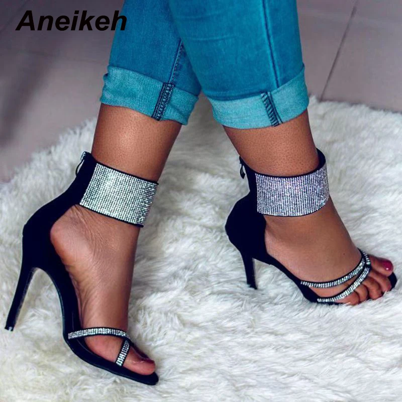 Aneikeh/женские Босоножки на каблуке из искусственной кожи; Туфли-гладиаторы с ремешками на лодыжках со стразами; модельные туфли на очень высоком каблуке с открытым носком на молнии; женская обувь; 42