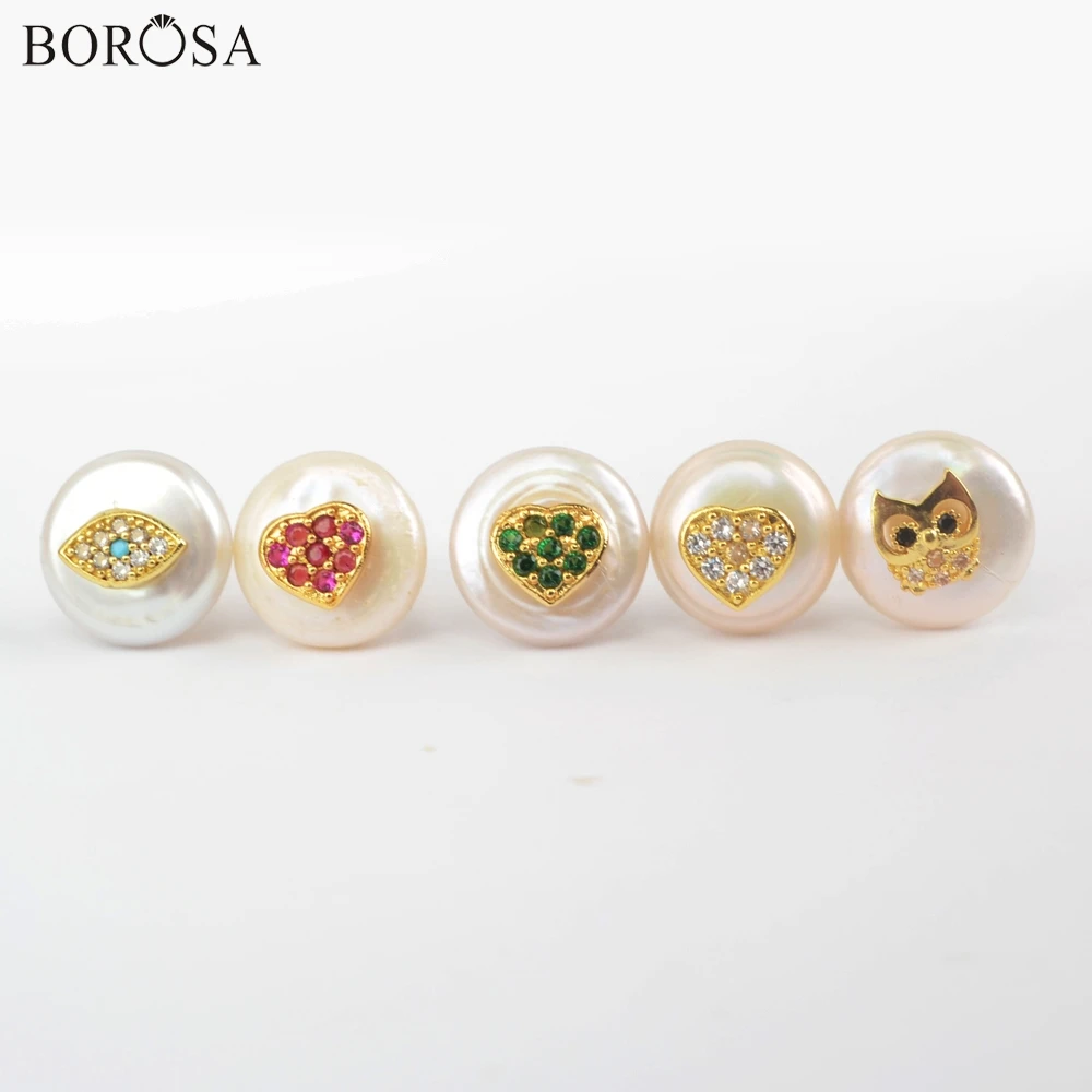 BOROSA, 5 пар, серьги из пресноводного жемчуга, ручная работа, круглый жемчуг с несколькими Фианитами, серьги-гвоздики, ювелирное изделие для женщин, подарок для жены, WX1225