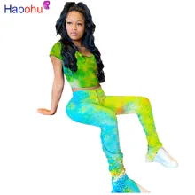 

Tie Dyeing Print Sexy Two Piece Set Summer Outfits For Women Tracksuit Crop Top And Stacked Pant Casual Lounge Wear Matching Set