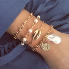 Классические женские браслеты из бамбуковой цепочки с жемчугом, Геометрическая круглая резьба, кулон, золотой браслет, набор украшений на День святого Валентина, подарок