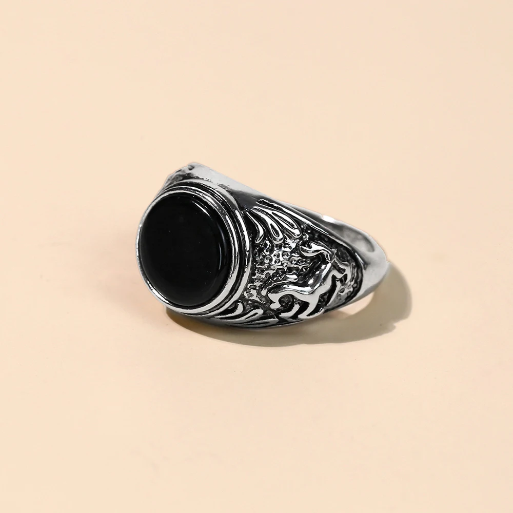 Gothic Style Punk Natural Stones Horse Engrave Rings Massive Silver Color Men's Finger Ring Jewelry For Gift finger ring silver ring animal ring