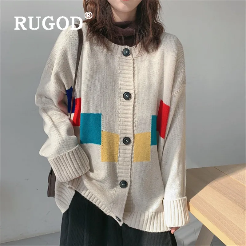 RUGOD вязаный кардиган с разноцветными квадратами, Повседневный свитер большого размера в Корейском стиле, женские свитера, зимние топы для женщин
