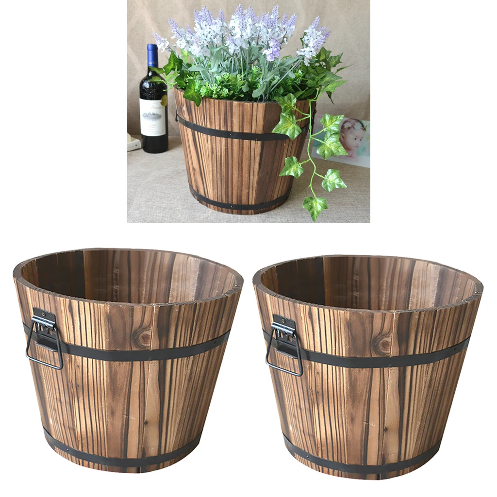 2x Wooden Bucket Barrel Planters Rustic Succulent Planter Box Barrels Flower Pot