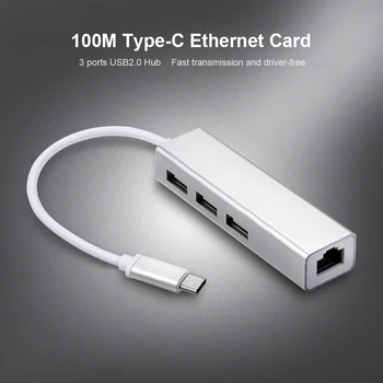 

USB 2.0 Type-C 3 Port HUB Fast Ethernet Adapter RJ45 100Mbps Network Card Expansion Converter