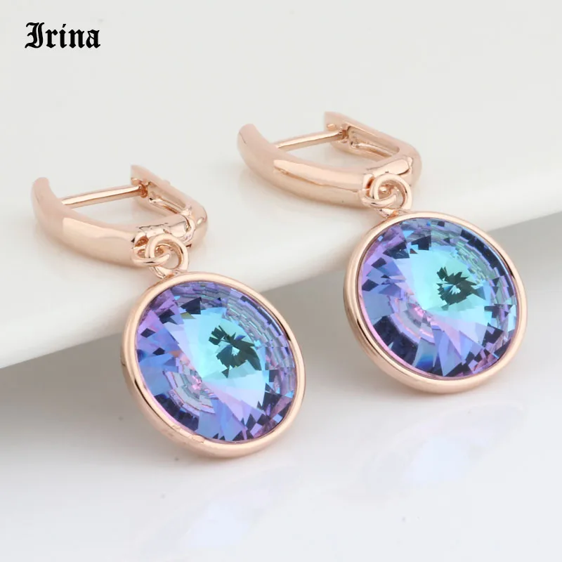 High Quality Classic 12 Color Round Crystal Drop Earrings 585 Rose Gold Color Colorful Korean Earrings for Women Wedding Jewelry