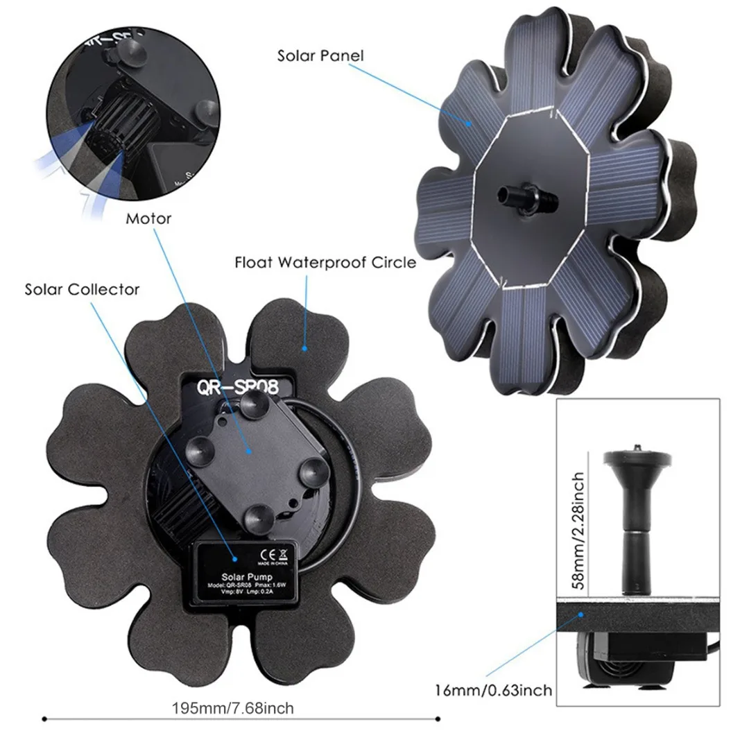 New 195mm 2.5W Solar Powered Floating Fountain Pump Birdbath Pool Garden Pond