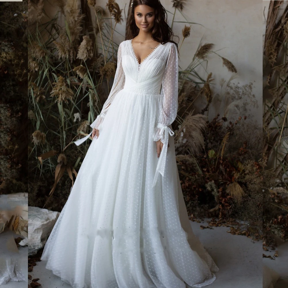 bridal shower dress Boho Wedding Dresses 2021 V-Neck Long Sleeves Modern Polka Dot Tulle Robe de Mariee Bohemian Gown Backless White Bridal Dress lace wedding dress