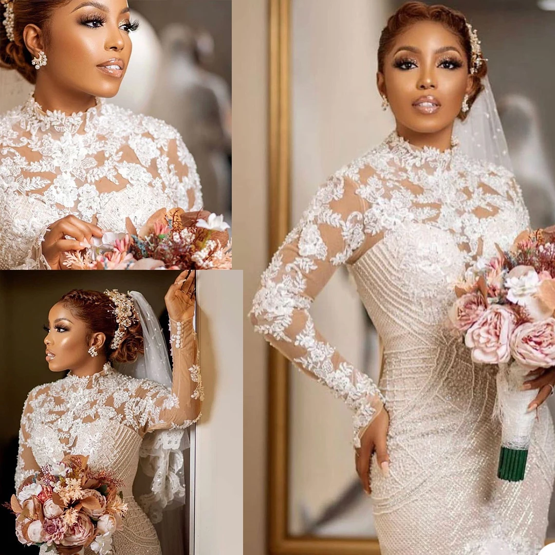 

Vintage Mermaid Wedding Dress Beading High Neck Long Sleeve Bridal Gowns robes de mariée Lace Appliques Bride Dresses