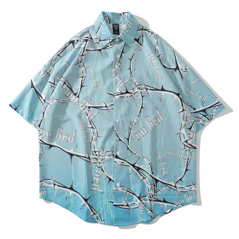 

Mens Thorns Gradient Print Hawaii Beach Shirts Harajuku Streetwear 2020 Summer Short Sleeve Patchwork Blouse Unisex Blue Shirts