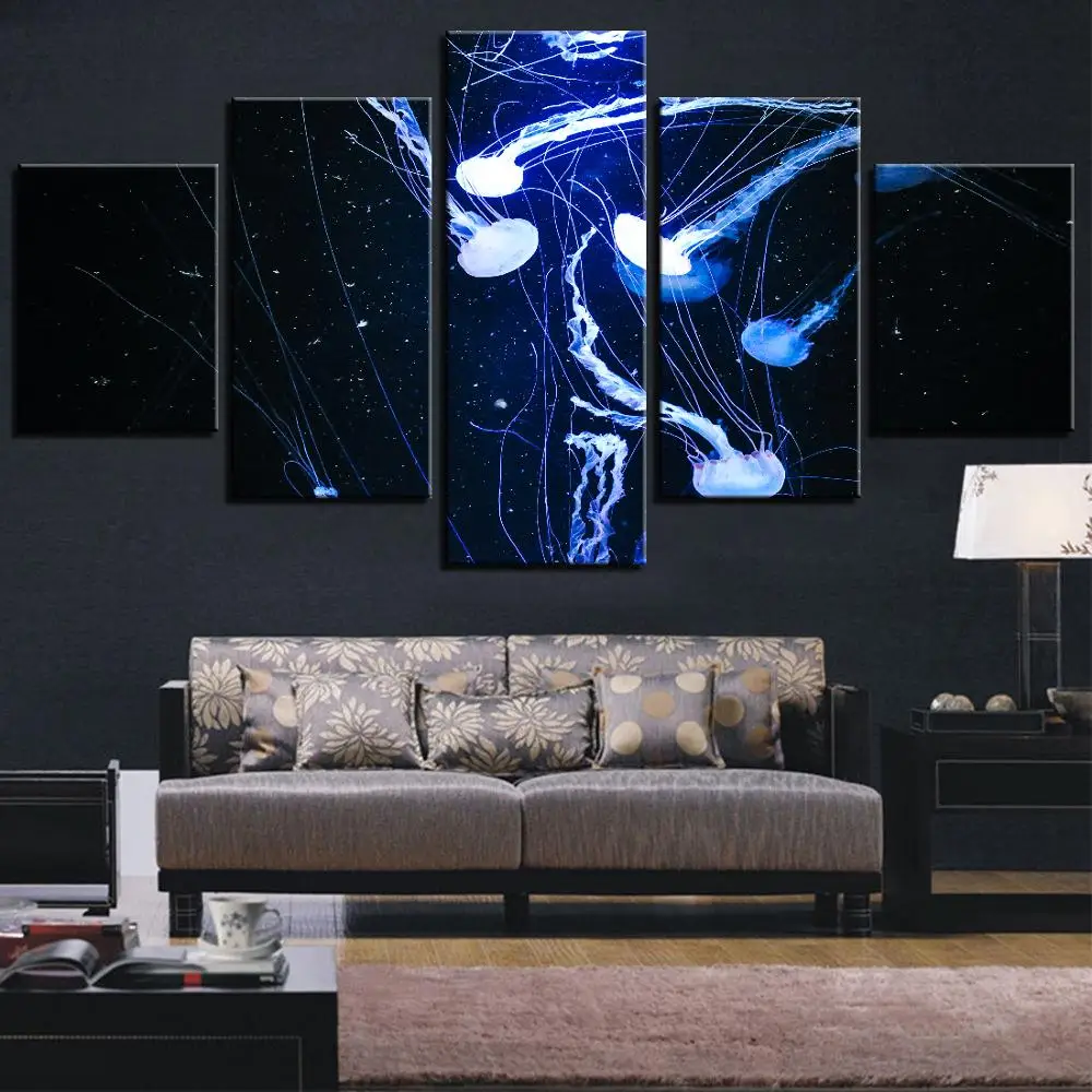 5 Pieces Jellyfish Canvas Posters Sea Ocean Wallpapers Animals Painting Pictures For Home Room Decor Improvement Stickers Fish | Дом и сад