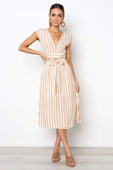 

Free shipping Women's New style 2020 Temperament Deep v Striped Tie Long Dress