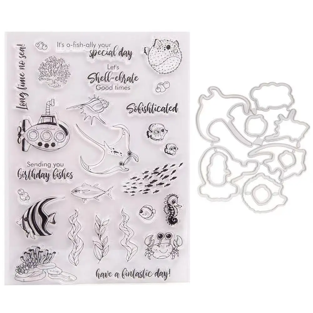 

Sea World Seagrass Stamps and Cutting Dies, Carbon Steel Embossed Paper, DIY Scrapbook, Children's Birthday Silicone Seal