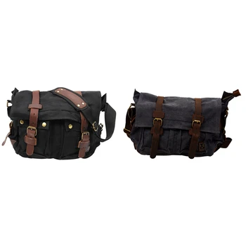 

Muchuan 2Pcs Men'S Vintage Canvas Leather School Shoulder Bag Messenger Sling Crossbody Bag Satchel - Black & Dark Grey