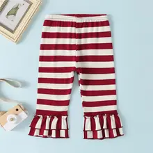 Брюки для маленьких девочек; милые повседневные весенне-осенние расклешенные штаны в полоску с кружевом; Новинка