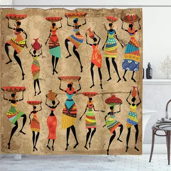 

African Shower Curtain Woman With Traditional Clothes Carrying Bowls On Head Polyester Fabric Home Bathroom Decor Set With Hooks