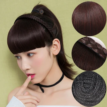 

AOOSOO Synthetic Hair Neat Fringe Bands With Double Braids Headband Heat Resistant Bangs in Extensions Hairpieces