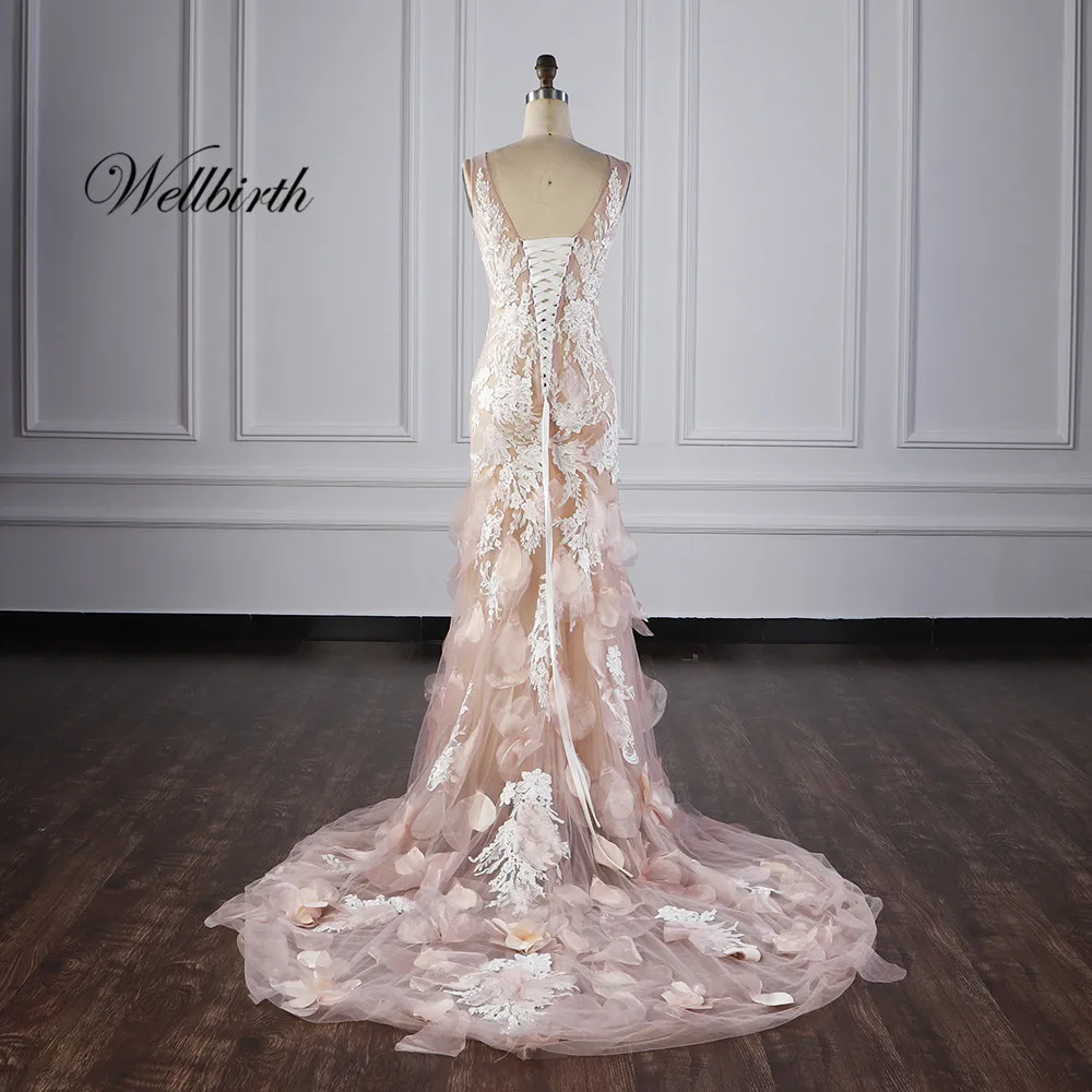 Реальное изображение Wellbirth Vestido de novia кружевное платье Русалка свадебное платье с коротким рукавом и v-образным вырезом Свадебное платье LC047