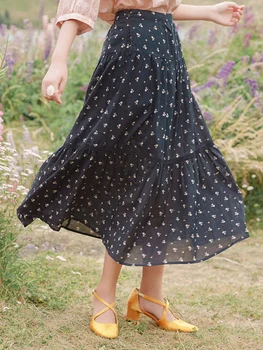 

INMAN 2020 Summer New Arrival Pure Cotton Retro Floral Fold A-line Temperament Slimmed Skirt