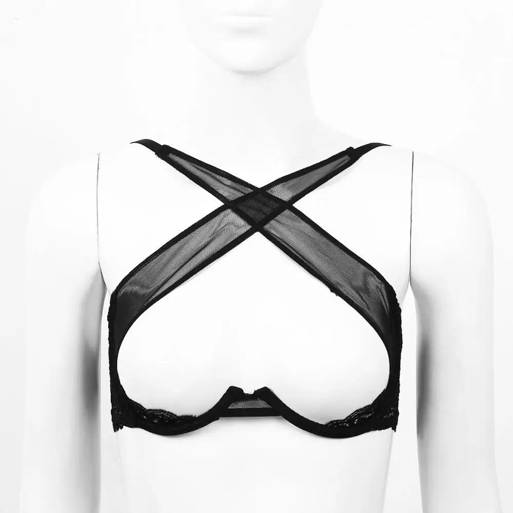 Women See Through Sheer Mesh Open Cup Crop Top Lingerie Open Breast Bra Tops Strap Crisscross Front Underwired Bra Sleepwear
