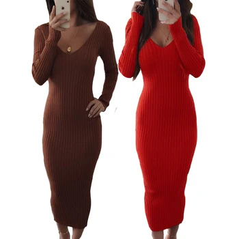 

2019 Women Autumn Winter Dress stripe solid Pencil Bodycon Dresses V-neck Sexy Elegant Thin Knitted Slim Long Sleeve Vesidos