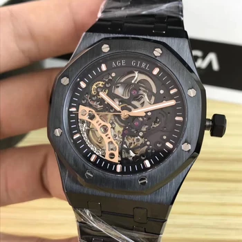 

Classic New Automatic Mechanical Men Sapphire Transparent Back See Through Skeleton Rose Gold Full Black Tourbillion Watch