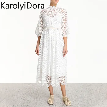 

2020 New Women Runway White Hollow Out Lace Dress Summer Long Lantern Sleeve Ruffled Collar Lace-up Waist Holiday Party Dress