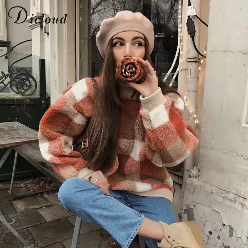 DICLOUD, клетчатая водолазка, Fluffly, толстовки для женщин, Осень-зима, повседневные, большие размеры, с длинным рукавом, теплые пуловеры,, Свободный Топ