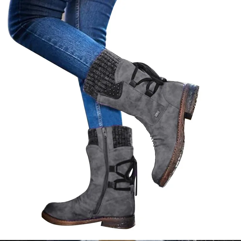 Зимние ботинки женские Модные осенние ботинки до середины икры из PU искусственной кожи с задней шнуровкой, дизайнерские ботинки однотонная обувь на низком каблуке Bota Mujer - Цвет: blue
