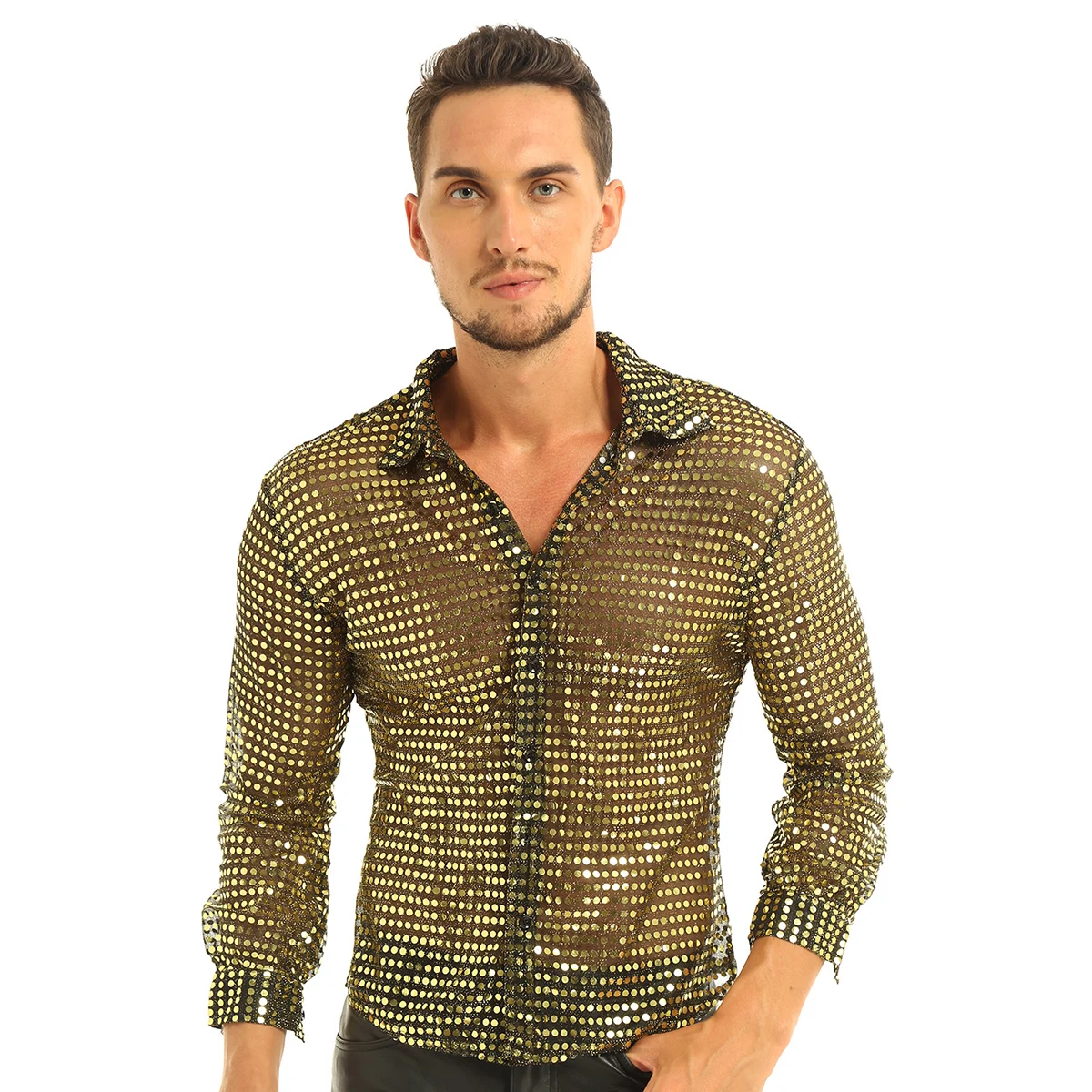 thumbnail image 1 of Camiseta de discoteca de los años 70 para hombre, ropa de disfraces holográfica con lentejuelas brillantes, malla transparente, ropa de club, camiseta de actuación de baile de discoteca, 1 of 5