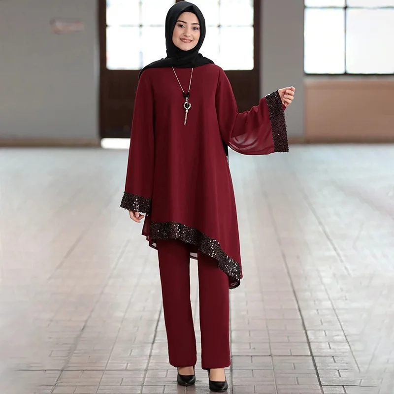 

2020 Patch Designs Chiffon Muslim Women Long Tops Islamic Sets Women Muslim Pants Moroccan Kaftan Abaya Ramadan Prayer Clothes