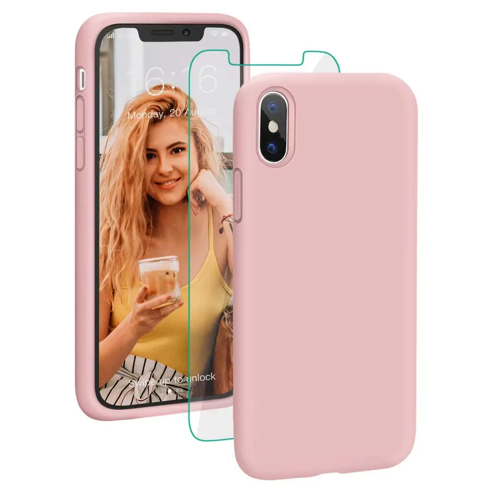 

Liquid Silicone Case for Apple iPhone XR Xs Max X, Gel Rubber Full Body Protection Shockproof Cover Drop free tempered film