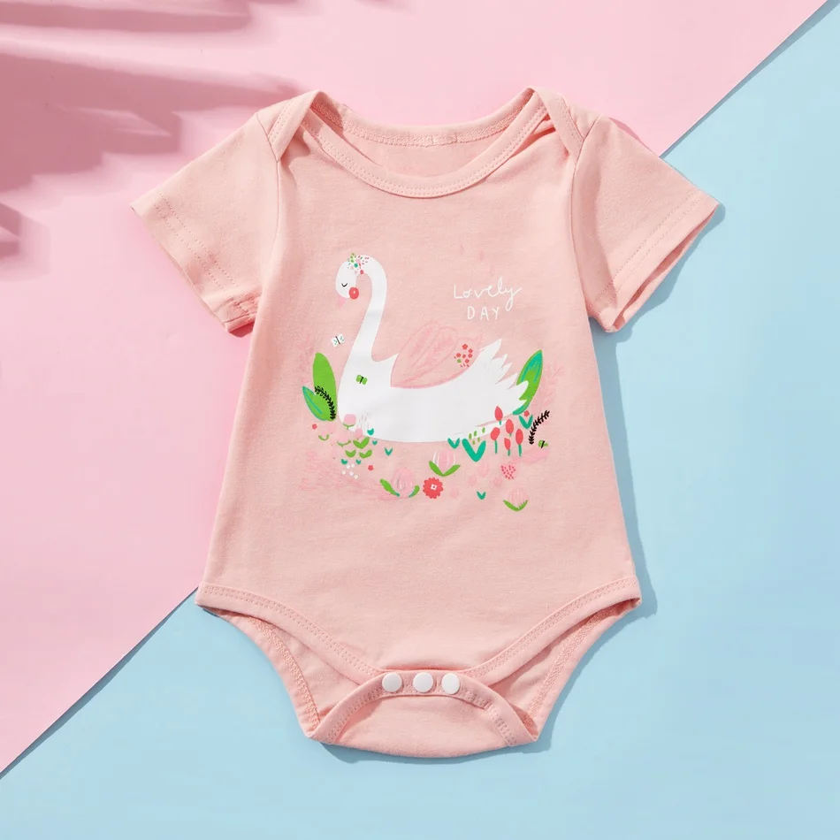 PatPat 2021 New 3-Pack Baby Swan or Girl Print Short-sleeve Rompers for 0-12M Baby Girl Cotton Jumpsuit Clothes