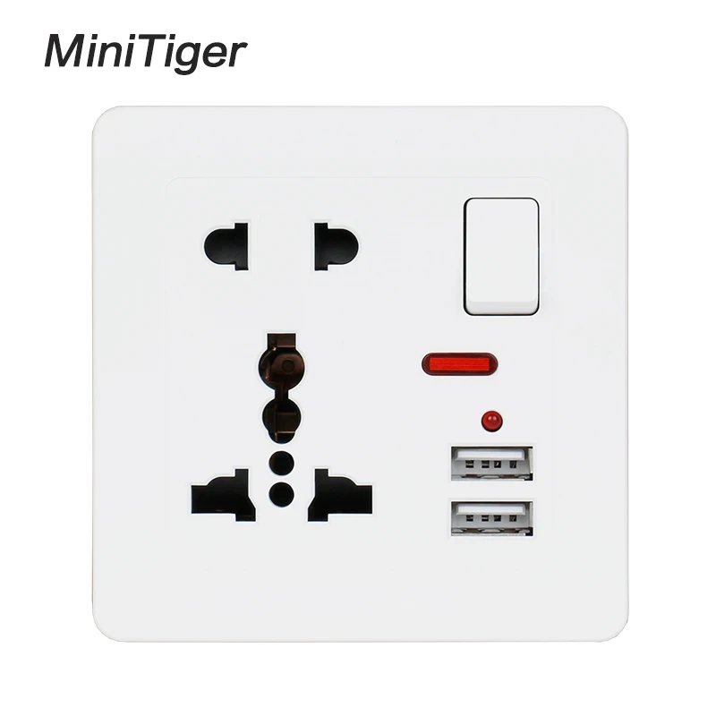 

Minitiger Wall Power Socket 13A Universal 5 Hole Switched Outlet 2.1A Dual USB Charger Port LED indicator Curved surface
