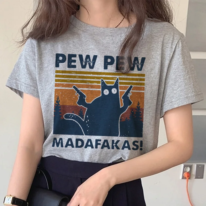 Camiseta de gran tamaño para mujer, playera con estampado divertido de Pew, Madafakas, Gato Negro asesino con pistola, Harajuku, Halloween, color gris
