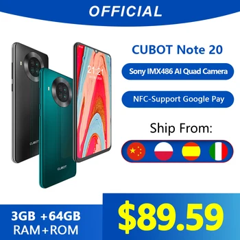 Перейти на Алиэкспресс и купить Cubot Note 20 задний Quad Camera смартфон Четыре камера NFC телефон 3 Гб + 64ГБ 6,5 дюйма 4200 мАч Большая Батарея новая Google Android 10 система две sim-карты мобильны...